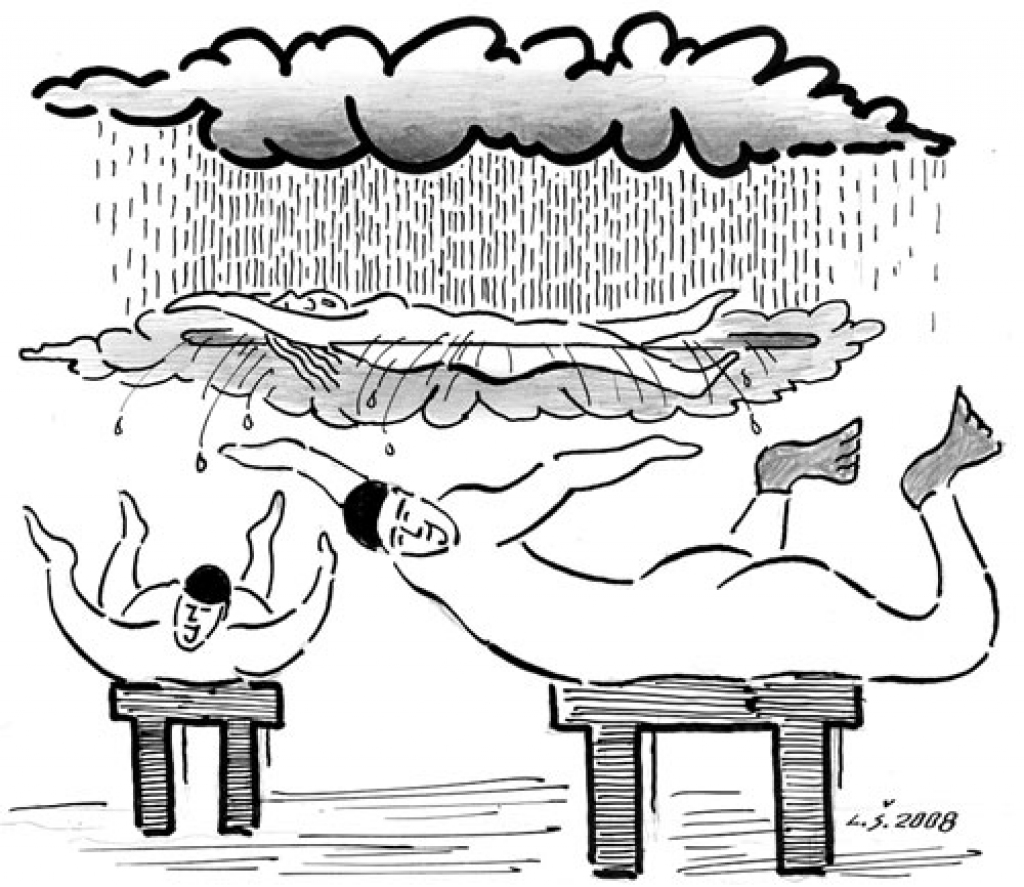 FAKTS: izglītības un zinātnes ministre Tatjana Koķe prasīs standarta par obligātajām peldēšanas nodarbībām bezierunu izpildi skolā, jo «izglītības standarts jāpilda, nekādu citādu atlaižu nevar būt». Ministre ir pārliecināta, ka mūsu valstī ikvienai skolai gandrīz vai blakus ir peldbaseins.  Nu visi bērni gudri peldēs,/ Ne tikai datorkrēslus deldēs!/ Nav, Koķīt, standarta nekāda,/ Ja baseini tik sapņos rādās.