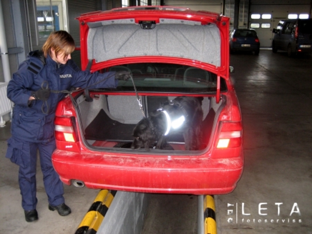 Valsts ieņēmumu dienesta Muitas kriminālpārvaldes darbiniece un četrkājainais darbinieks Annija pārmeklē Lietuvas Republikas pilsoņa vadīto automašīnu, kurā bija atrasti gandrīz 50 gramus heroīna.
Autors: Valsts ieņēmumu dienests/LETA