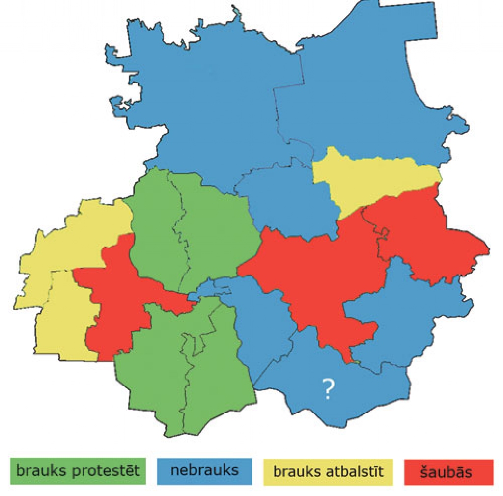 Bauskas rajona karte liecina, ka rīt, 11. novembrī, pie Saeimas ēkas pulcēsies apmēram desmit vietējo pašvaldību pārstāvji – gan nopietni pieprasīt citādāku administratīvo dalījumu, gan atbalstīt citu pašvaldību darbinieku prasības. 
Autors: www.bauskarp.lv