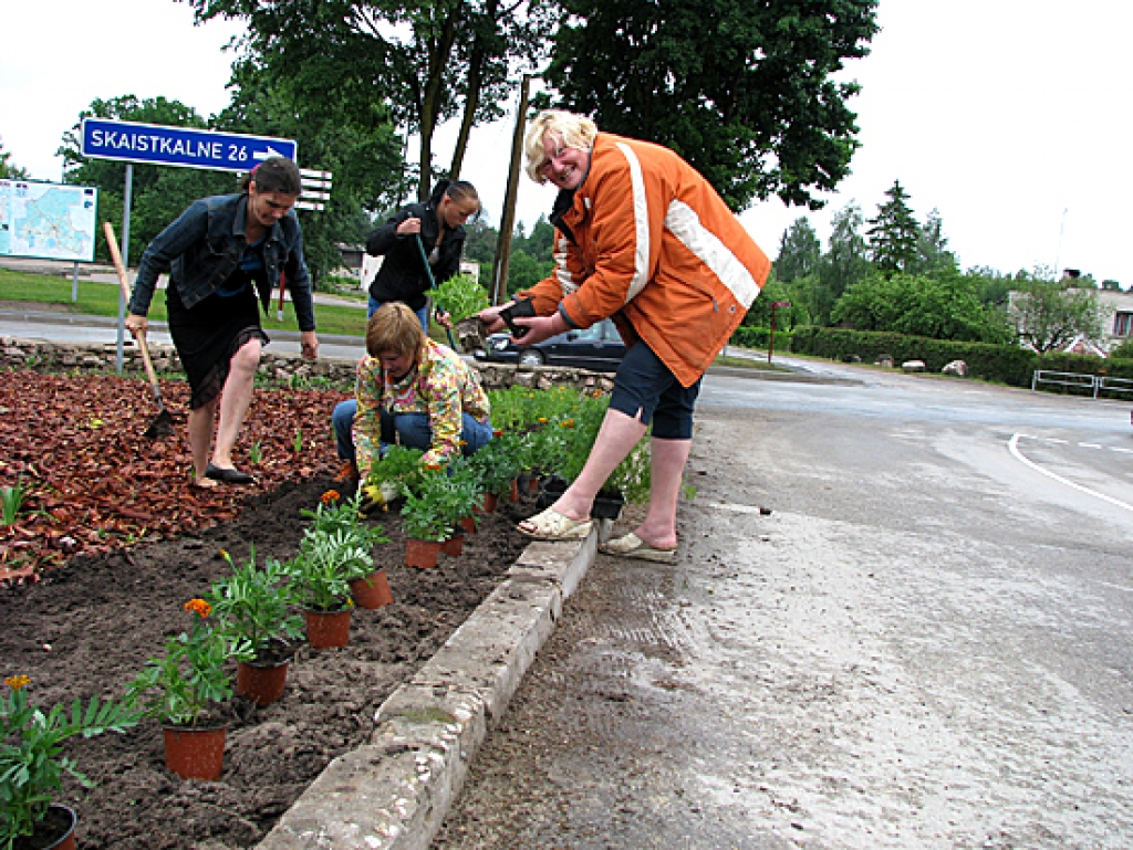 «Ilgi gaidījām lietu, lai dobes malas apstādītu ar samtenēm, kas jau zied,» stāsta Leontīne Grinberga (no labās). Stādīšanā piedalījās Līga Veismane, Jautrīte Haritonova, Ieva Grigane. 
Autors: Juris Iļņickis