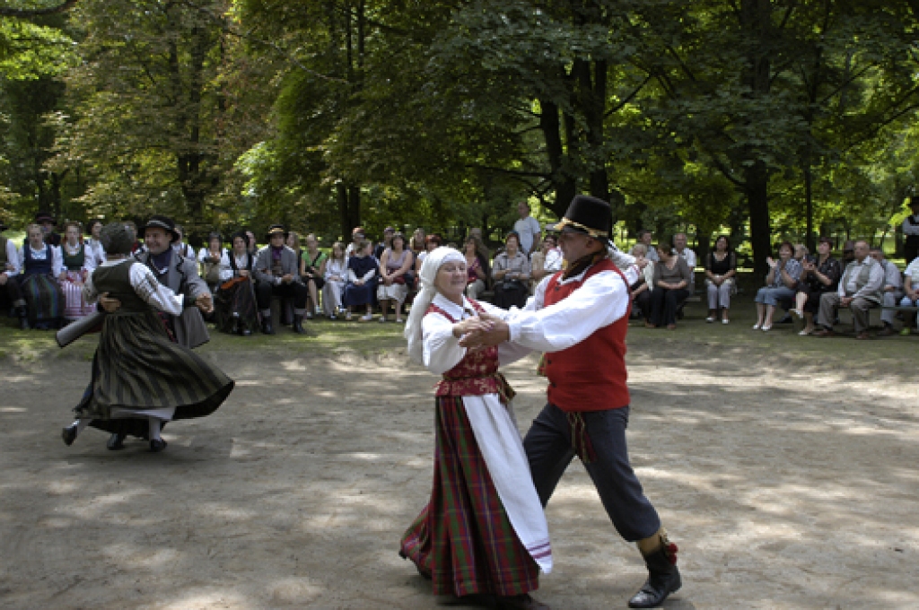 Vecsaules parkā dižojās mājinieku folkloristi un viesi. Lietuvas folkloras kopu «Aidija» un «Verdaine» dalībnieki bija naski dejotāji.
Autors: Ivars Bogdanovs