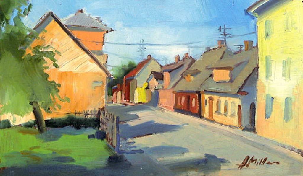 Andra Millera gleznas «Plūdoņa iela» reprodukcija, kas skatāma uz salona «Meistars Gothards» izdotās kartītes.