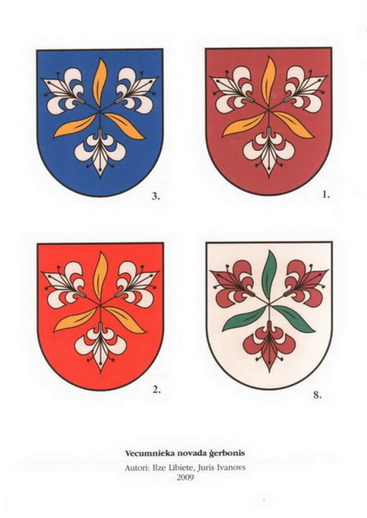 Daži no Vecumnieku novada jaunā ģerboņa variantiem.
Autors: www.vecumnieki.lv