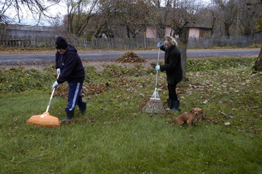 Dāviņu pagastā Eiropas Savienības finansētās nodarbinātības programmas stipendiātes Ņina Grīnberga (no kreisās) un Katerīna Sokolova uzkopj apkārtni suņu meitenes Bekijas kompānijā. 
Autors: Ivars Bogdanovs