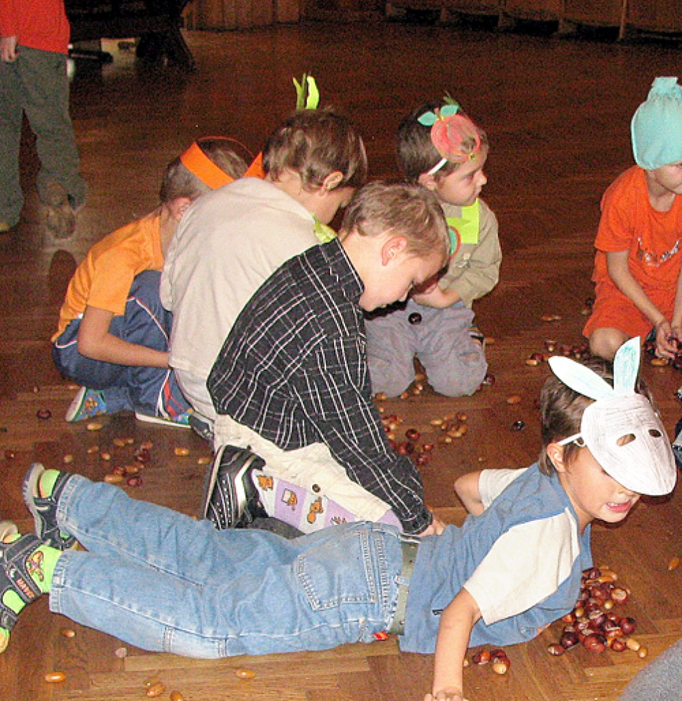 Īslīces vidusskolas pirmsskolas grupas bērni Mārtiņdienas sarīkojumā šķiro kastaņus.