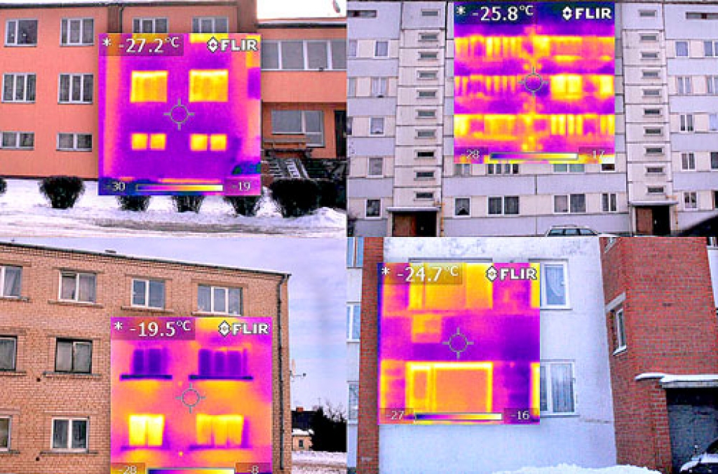 Četru māju termogrāfijas rezultāti – Stacijas iela 5, Vītolu iela 2, Dārza iela 13 un Kareivju iela 3. Jo spilgtāks ir termogrāfijā redzamais tonis, jo vairāk siltuma pa šo vietu aizplūst.