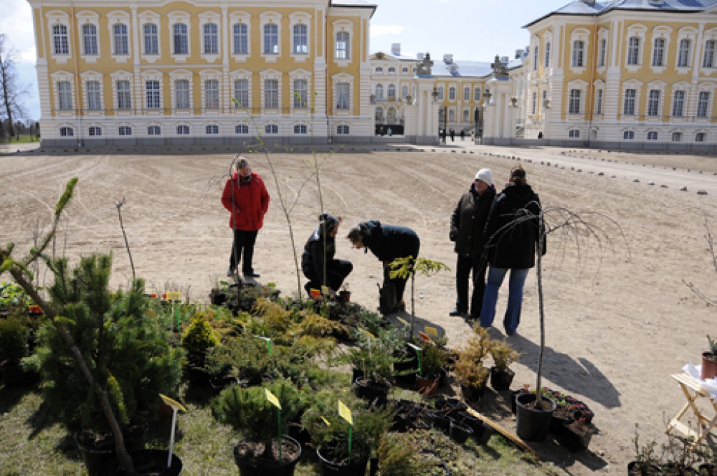 Priekšējā pagalmā ierīkotā stādu izstāde lieliski iederas Rundāles pils ansamblī. 
Autors: Ivars Bogdanovs