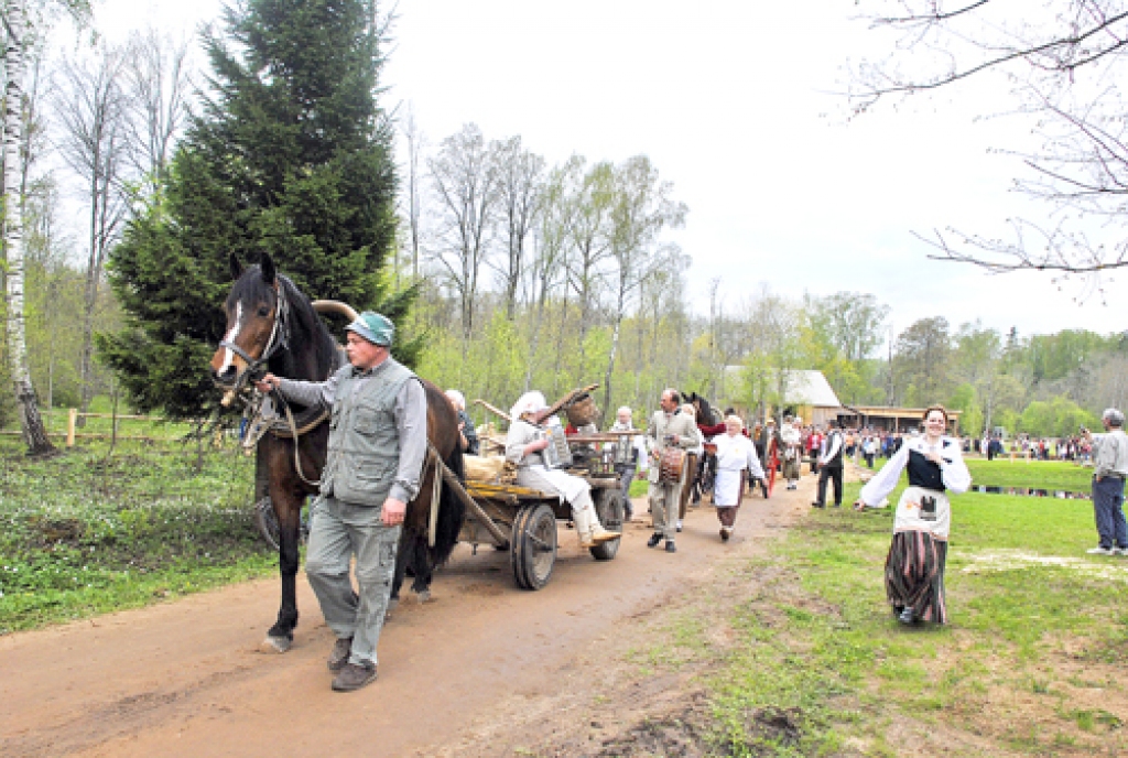Pavasara lauku darbus veikt dodas pasākuma dalībnieki. Zirgu Dērbiju ved Harijs Mašinskis.