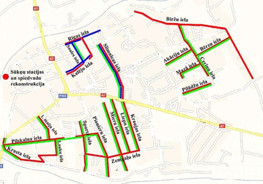 SIA «Bauskas ūdenssaimniecība» projektā veicamie darbi iezīmēti kartē, un tie skars apmēram trešdaļu Bauskas teritorijas. Sarkanā krāsā – kanalizācijas sistēmas izbūve, zaļā – ūdenssistēmas, zilā – lietus kanalizācijas.