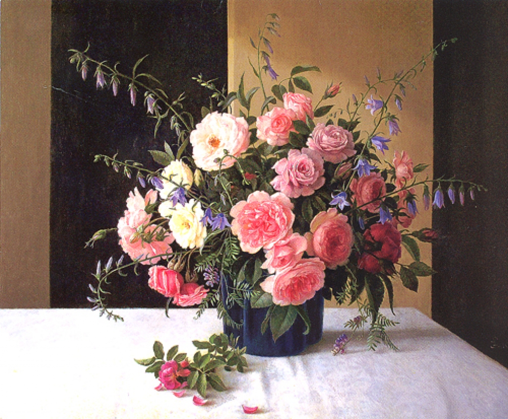 I. Lancmaņa gleznas «Klusā daba ar rozēm, zilajiem zvaniņiem un vanagzirņiem»  reprodukcija. 