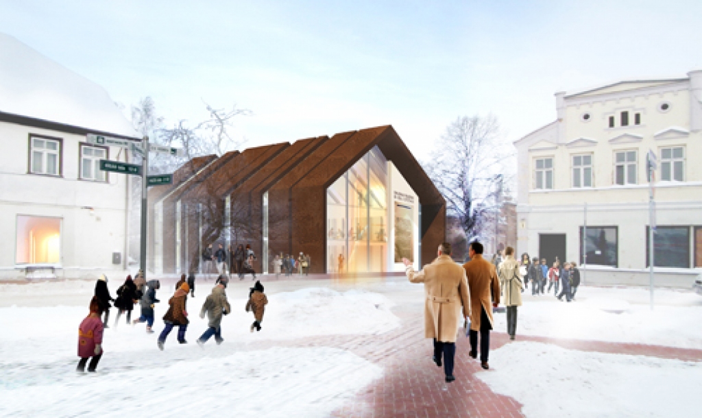 Bibliotēkas ēka aizpildītu tukšo telpu Rātslaukuma vienā stūrī. 
