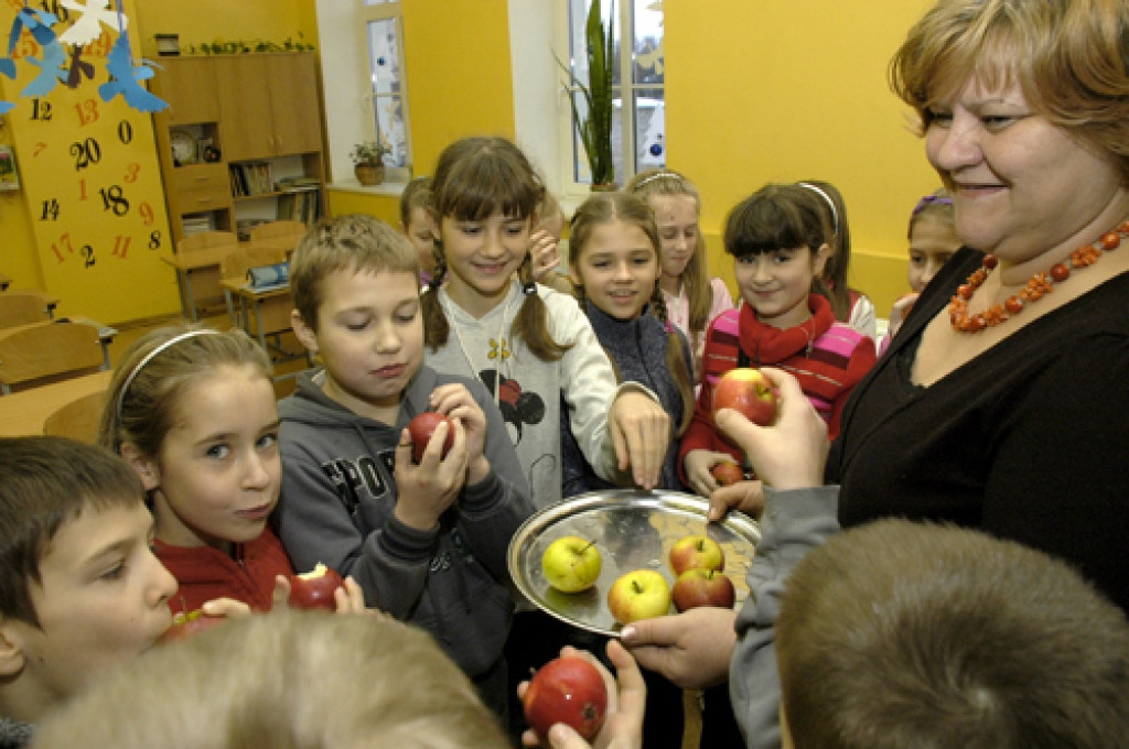 Ābolus bērni grauž Bauskas pamatskolā. Skolotāja Roze Bruģe trešklasniekiem izdala pa ābolam.
Autors: Ivars Bogdanovs