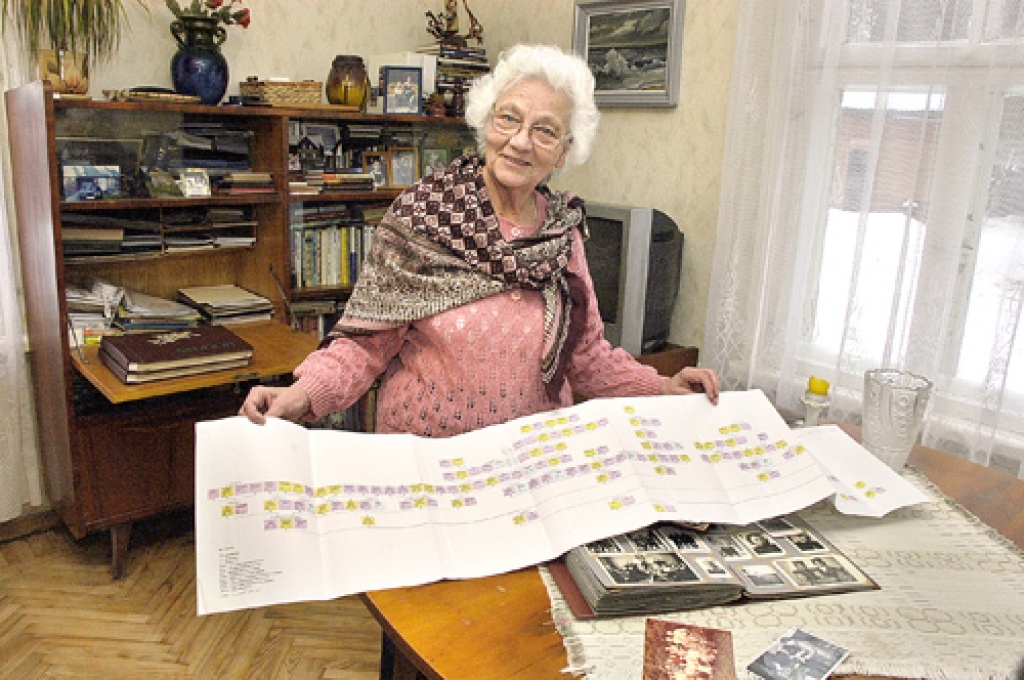 Dzidra Krūmiņa rāda brāļadēļa Ivara Ansviesuļa veidoto dzimtas koku. Dzimtas saknes iestiepjas 18. gadsimta vidū. 