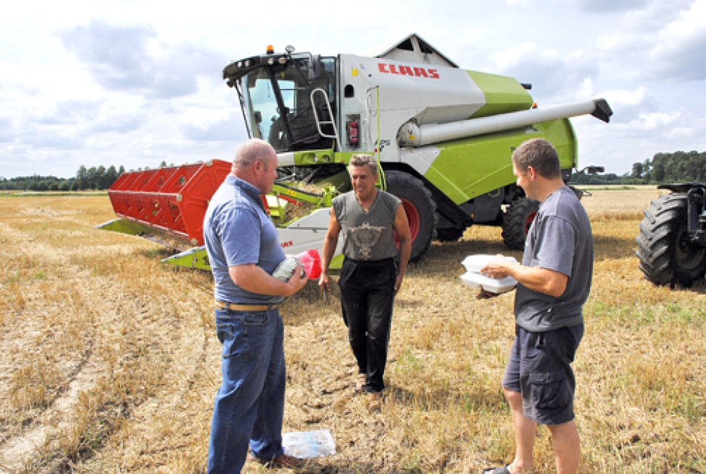 Ražas novākšana ir karsts laiks – lai pagūtu nokult, SIA «Ceraukstīte» zemkopji arī pusdienas ietur laukā. Kūlējiem Andrejam Kupčam un Valdim Latvenam maltīti atvedis mehāniķis Jānis Kristapovičs (no kreisās). 