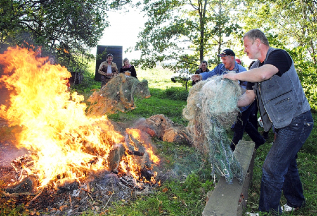 Maluzvejnieku pamestie, sabojātie tīkli, ko vides sabiedriskais inspektors Tālis Dreijers izcēlis no upēm, tika sadedzināti.