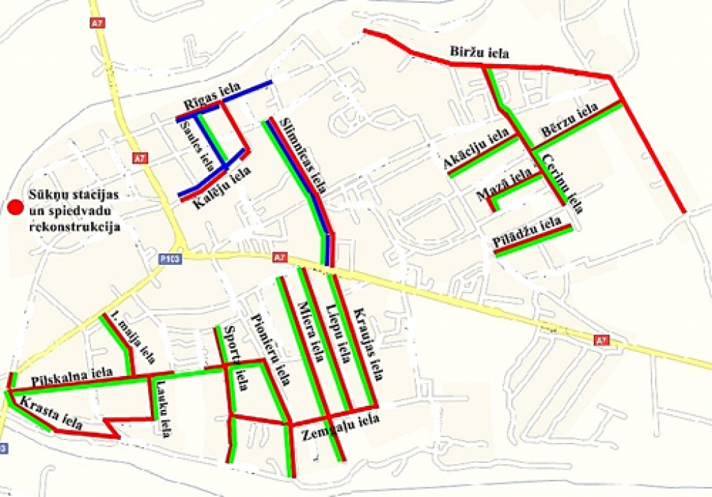 Kartē – ūdenssaimniecības rekonstrukcijas projektā plānotie darbi. Sarkanā krāsā – kanalizācijas, zaļā – ūdens, zilā – lietus kanalizācijas izbūve. 