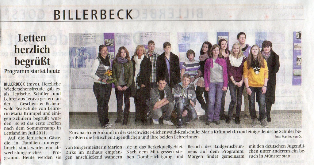 Dzimtmisas skolas pārstāvju viesošanos Billerbekā aprakstīja vietējā avīzē «Billerbecker Anzeiger».
Autors: No albuma.