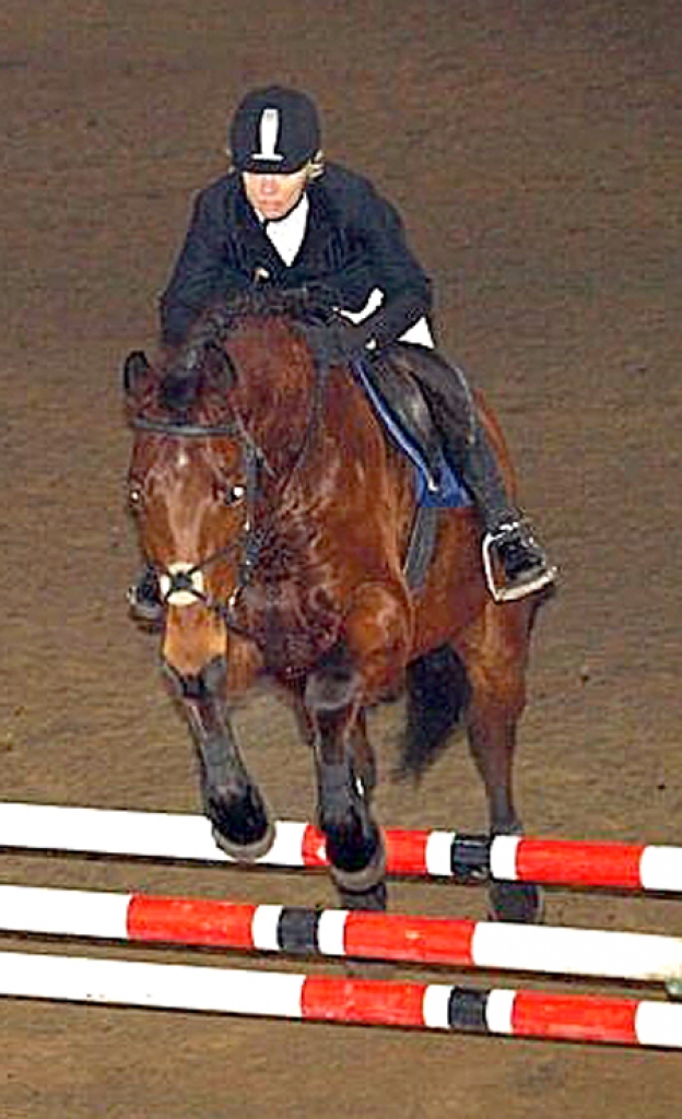Velga Marčenkova ar zirgu Ledions pārvar šķērsli.