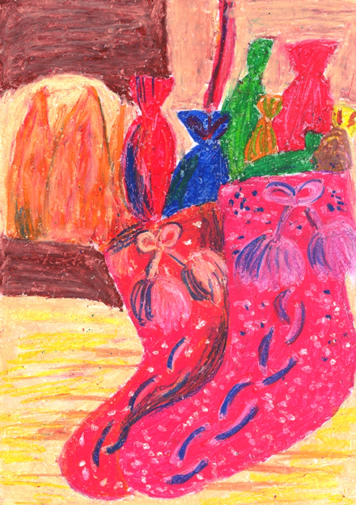 Arnita Oliņa, Bauskas pilsētas pamatskolas 6. klases skolniece. Šīs skaistās Ziemassvētku zeķītes es gribētu uzdāvināt savai māmiņai, lai siltāki un saldāki ziemas vakari.