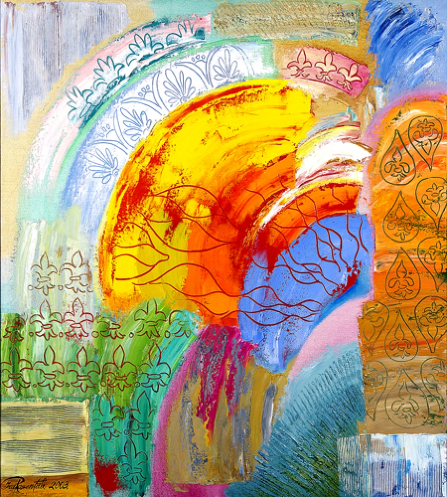 «DIENVIDŪ. PARIS.» 2003., a.e., 145×130. Fotoreprodukcija. Ī. Rozentāles darbi pazīstami pēc piesātinātām un dzīvespriecīgām krāsām. 