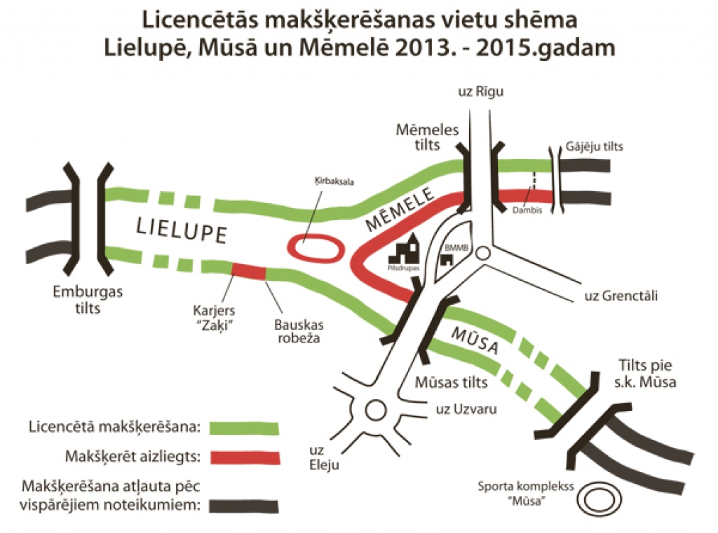 Licencētās makšķerēšanas vietu shēma Lielupē, Mūsā un Mēmelē 2013. – 2015. gadam.