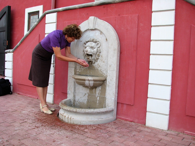 Bauskas tūrisma informācijas centra konsultante Ligita Asare nobauda ūdeni, kas tek no jaunizveidotās strūklakas pie Rātsnama ieejas kāpņu sienas. 

Autors: Vilnis Auzāns