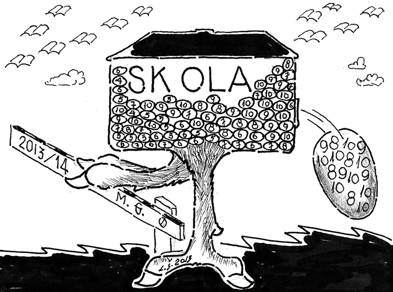SVEIKA, SKOLA! FAKTS: pirmdien, 2. septembrī, sākas jaunais mācību gads.
Tētim kreņķi, mammai raizes,/ Gājputni vasaru aiznes./ Bērni uz skolu ies,/ Naudas mak, saturies!/ Tik valdības galvenie vīri/ No skolas raizēm ir brīvi./ Tiem bērnu nav un diez vai būs,/ Kas varētu priecēt arī mūs./ Bet vēlēšanu tuvums/ Ir arī vecākiem guvums,/ Kad mācību līdzekļu daļu/ Valsts pieņem tā kā par savu./  Lai gaužas gaudotājs,/ Gatavs uz visu ir skolotājs.
Autors: Zīmējums – Laimonis Šulcs