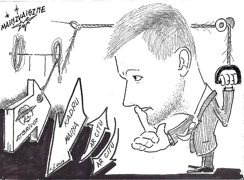 PĒC ROBERTA ĶĪĻA KRĪT VĒL VIENS REFORMU PARTIJAS MINISTRS. FAKTS: vides aizsardzības un reģionālās attīstības ministrs Edmunds Sprūdžs nolēmis aiziet no amata šī gada 1. decembrī.
Tur, kur darba ka vai mudž,/ Derīgs būšot Edmunds Sprūdžs./ Jauneklis ar ambīcijām/ Ķērās ragos reformām./ Cerēja ar milzu joni/ Ieņemt Ventspils bastionu,/ Mainīt reģionos lietas,/ Visu salikt īstās vietās./ No reformām iznācis čiks,/ Un karalis, izrādās, – pliks.
Autors: Zīmējums – Laimonis Šulcs