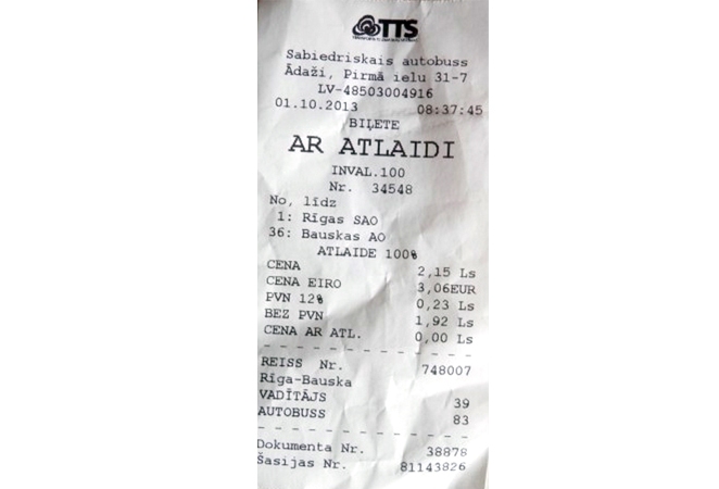 Šādu biļeti braucienam no Rīgas līdz Bauskai šoferis «pārdevis» pasažierim.