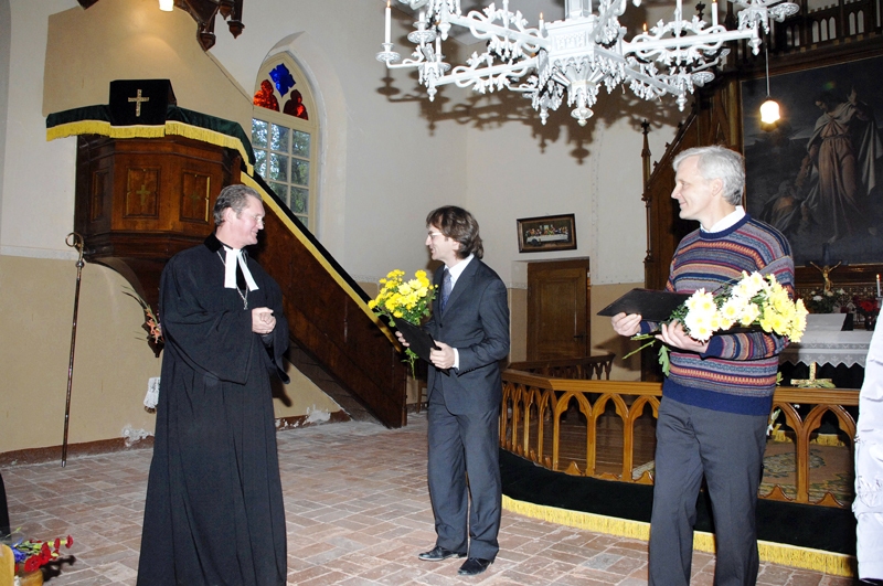 Ērģeļu restauratori Viesturs Ilsums (no labās) un Mikus Dzenītis. 
Autors: Ivars Bogdanovs