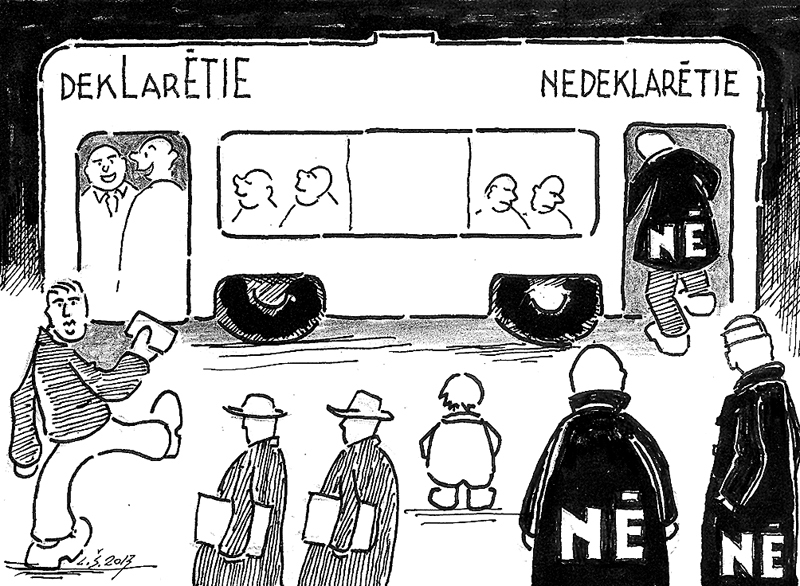 VILTĪGAIS ŠOVMENIS. FAKTS: no nākamā gada braukšana sabiedriskajā transportā Rīgā lētāka būs tiem, kas deklarējušies galvaspilsētā, pārējie par biļeti maksās divreiz vairāk nekā līdz šim.
Satrakoti svešinieki/ Naidu cēla Latvijā./ Lauku vīri nebruņoti/ Mūsu Rīgu nosargāja./ Rīdzinieki nesaprata,/ Kam to Rīgu atdevuši:/ Lauciniekiem pirkstu krata –/ Gana lēti pabraukuši!/ Dārgāks vēl par brīvestību, Tēvu zemes mīlestību/ Brīvbiļešu lētais šovs,/ Rīkotājs Nils Ušakovs.
Autors: Zīmējums – Laimonis Šulcs