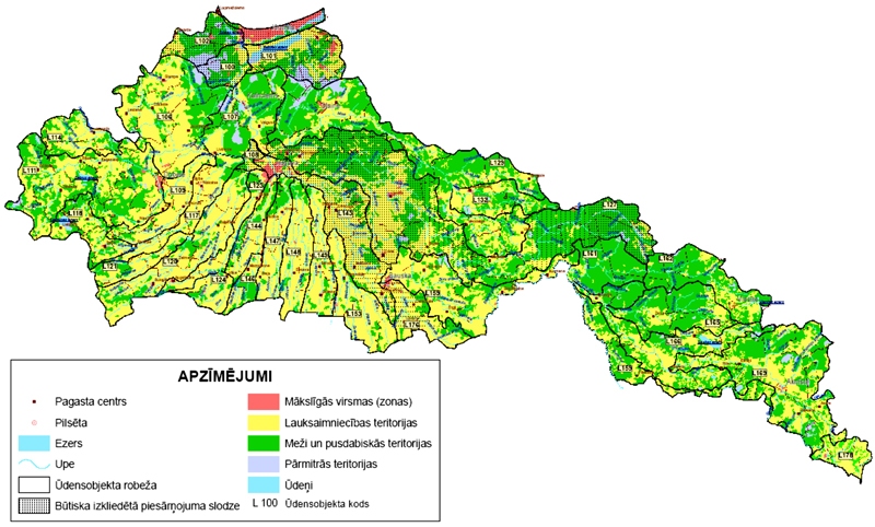 Nitrātu jutīgie apgabali Lielupes baseinā. Avots: VARAM.