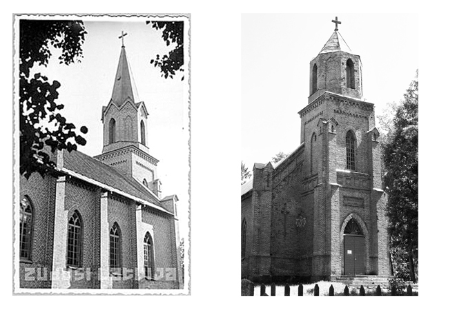 Pirms un pēc. Kara beigās (attēls pa kreisi) tornis tika sašauts, lai pārtrauktu novērošanu. Pēckara gados (attēls pa labi) tas salabots un tam uzlikts pagaidu segums.