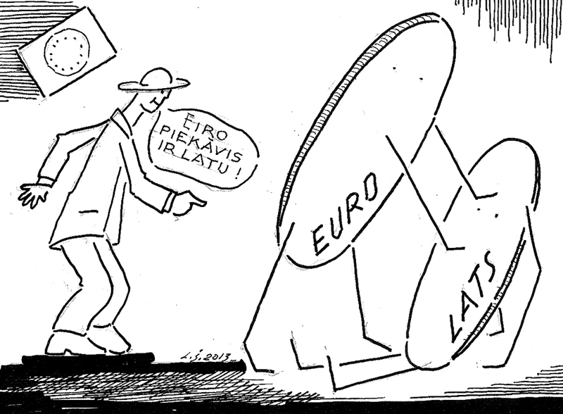 EIRO IR NEIZBĒGAMS. FAKTS: 2014. gada 1. janvāra pirmajās sekundēs Latvijas latu nomainīs eiro jeb euro. Gatavojamies!
Runā Anniņa uz Rūdi –/ Janvārī gan būšot sūdi:/ Likumīgi vai ar blatu/ Eiro piekāvis ir latu./ Rūdis savai Annai saka –/ Iztīrīju veco maku,/ Lai no lata nav ne smakas,/ Kad jau eiro tepat blakus./ Domā Anna – jāsteidzas,/ Goda drānās jāģērbjas,/ Jāsagaida ārzemnieks,/ Lai tam Eirim arī prieks.
Autors: Zīmējums – Laimonis Šulcs