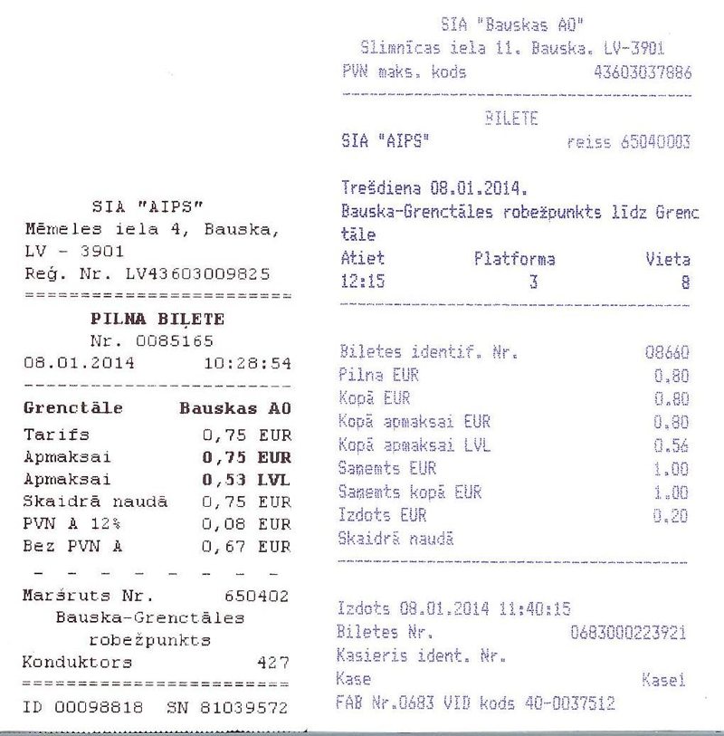 Divas biļetes vienam maršrutam, bet cenas divas dažādas.