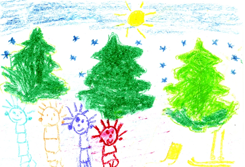 Nellija Ilgavīze ar mammu un viņas māsām ir tikko ieradušās mežā un gatavojas slēpot un laisties no kalniņa ar ragavām.