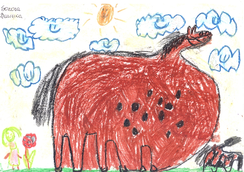 Sonora Barsuka. Zirgu mamma Princesīte ar savu mazo kumeliņu Annu. Zirdziņi dzīvo pļavā, ēd zāli. Mazajai Annai garšo puķes. Visvairāk pienenes. Zirgu mamma Princesīte ir gaidībās, viņai būs vēl viens mazs kumeliņš.