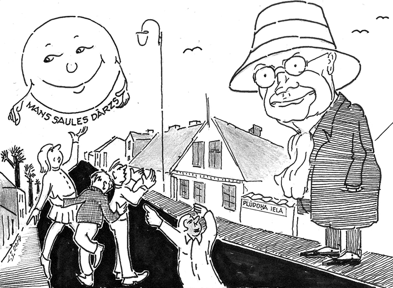 ZEMGALES DĒLS. FAKTS: svētdien, 9. martā, paiet 140 gadu, kopš dzimis dzejnieks, ievērojams balāžu un poēmu autors, atdzejotājs, Tēvzemes balvas laureāts (1938), novadnieks Vilis Plūdons, īstajā vārdā Vilis Lejnieks.
Klāj nakts pār Bausku audeklus,/ Pa ielām staigā Plūdons kluss./ Te viss tik tuvs un pazīstams./ Rau, lepns slejas Rātes nams,/ Deg šur tur ielās laternas,/ Un mieru sargā baznīcas./ Vien veco veikaliņu rindās/ Ne rosības, ne durvju šķindas./ Bet dzejnieks jūtas gandarīts –/ Viņš vēl joprojām atpazīts:/ «Es vēlos pasauli apskaut/ Un katram mutes dot.» 
Autors: Zīmējums – Laimonis Šulcs