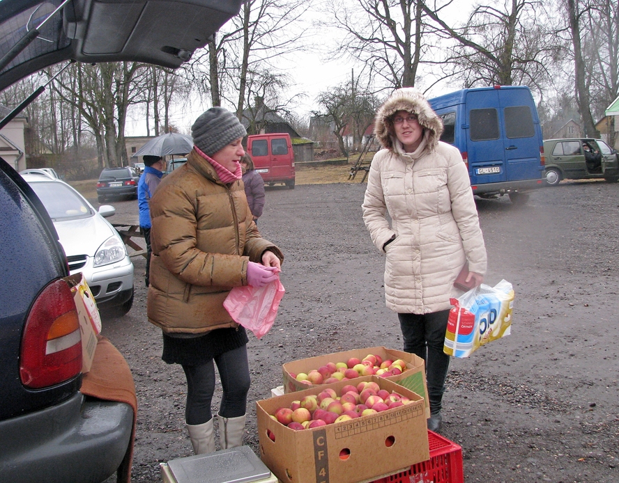 Vecumnieku tirgū regulāri ar āboliem tirgojas Mudīte Rūtenberga. Latgalē augušos sārtvaidžus iegādājas Agnese Vasaraudze.
Autors: Vilnis Auzāns