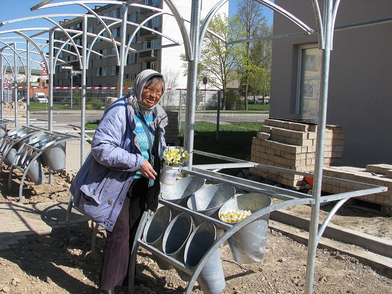 Ziedu tirgotāja demonstrē, kā lielajos spaiņos pazūd mazie ziedu pušķi. Ir jāmeklē kādi ielikteņi, lai trauks ar ūdeni nebūtu tik dziļi metāla spainī.
Autors: Vilnis Auzāns