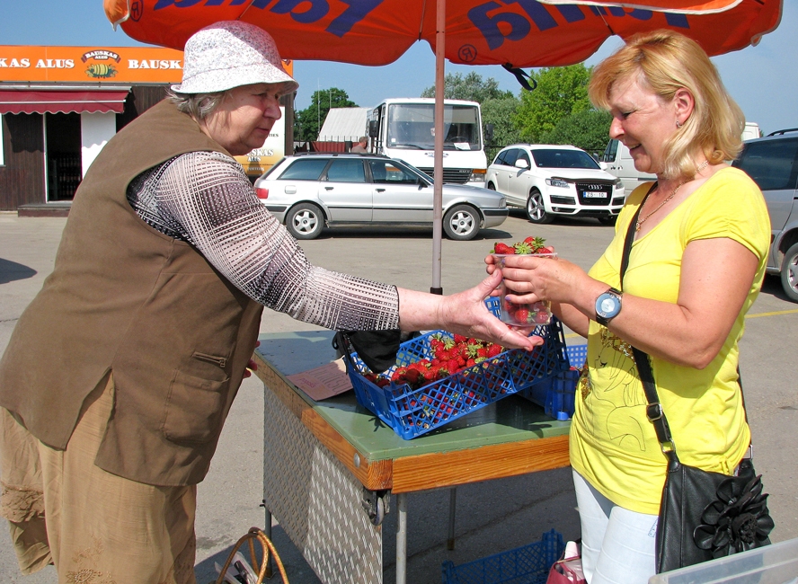 Bauzes tirgū baušķeniece Zita izvēlējusies puskilogramu zemeņu, kas audzētas Maijas Bulas dārzā Gailīšu pagastā. 
Autors: Vilnis Auzāns