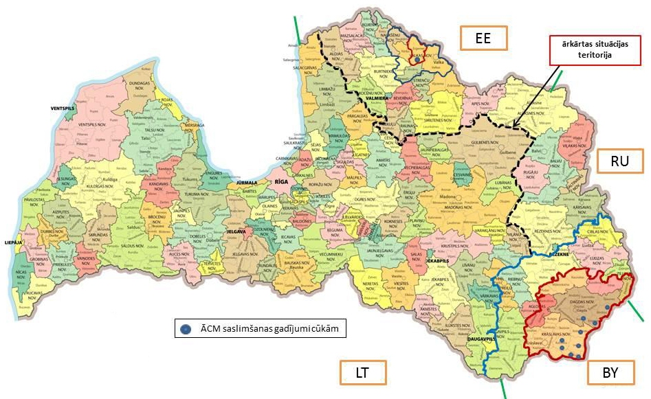 Ārkārtas situācijas teritorijas Latvijā, kurās jāievēro biodrošības nosacījumi cūku fermās un saimniecībās.
Autors: Zemkopības ministrija