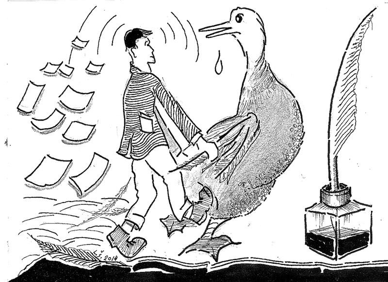 RUDENIM PIESTĀV DZEJA. FAKTS: Dzejas dienām Latvijā 49. Vecā Stendera laikā ar viena zoss spārna spalvām pietiktu visiem pantiņu sacerētājiem; gadu gaitā dzejdari pārklājuši valsti un gandrīz katru nedēļu iznāk pa dzejoļu krājumam. Mākslinieks L. Šulcs iztēlojies, kāds izskatītos mājputns, ja rakstāmrīks joprojām būtu zoss spalva.
Septembrī dzeja pa zemi staigā,/ Dažādos toņos dedzīgi klaigā./ Vecie pa vecam atskaņās raksta,/ Jaunie bargi tiem sānos baksta:/ Tagad vārdu pie vārda kraujam,/ Punktus un komatus paturam saujā,/ Un kad rindu pie rindas saliek,/ Pantiņš lasāms no abiem galiem./ Ko par to domātu Vecais Stenders,/ Latvju apgaismotājs, nevis klenders?
Autors: ZĪMĒJUMS – LAIMONIS ŠULCS, RĪMES – DAINA ZIEMELE