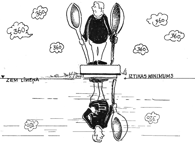 KAM LABA, KAM SLIKTA ZIŅA. FAKTS: valdība nolēmusi, ka minimālā alga nākamgad pieaugs no 320 līdz 
360 eiro, līdz ar to minimālā stundas tarifa likme būs 2,166 eiro.
Miķelis ir atkal spārnos,/ Noglāsta viņš plecus kārnos –/ Priekšnieks vairāk naudas dos,/ Miesas būvi uzlabos./ Uzņēmējam belziens smags,/ Ka tik neiestājas krahs./ Eiro taču neaug kokos,/ Es jau tā ar badu mokos./ Miķelis tad paliek pikts,/ Padoms viņam galvā strikts:/ Nerauc pieri rūpju grumbās,/ Nejūties kā pele sprukās,/ Naudas maku galdā liec/ Un pie labiem kadriem tiec!
Autors: Zīmējums – LAIMONIS ŠULCS, rīmes – DAINA ZIEMELE