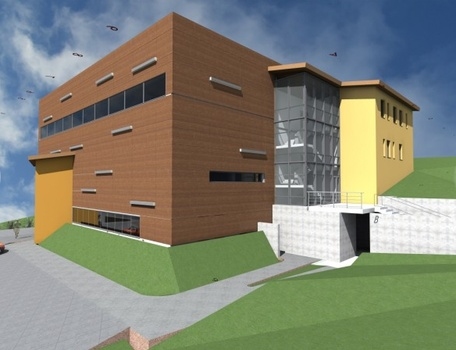 Nākotnē: stadionā iecerētās sporta halles makets. To sola būvēt, respektējot apkārtējo vidi un krasta terases.
Autors: No projekta albuma.