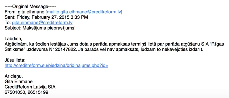 Vērīgi lasiet interneta adreses! Šajā vēstulē aicina atvērt saiti creditreform.su, kam nav nekāda sakara ar īsto «Creditreform» mājaslapu.
Autors: publicitātes foto