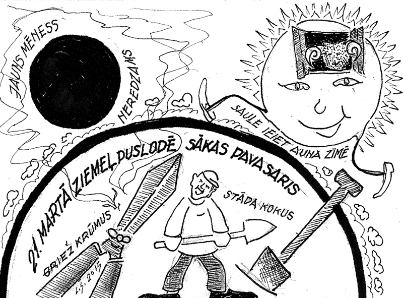 DABA MOSTAS STRAUJI. FAKTS: rīt, 21. martā, iestāsies astronomiskais pavasaris.
Pavasarim tāda liksta –,/ Te tas glāsta, te tas biksta./ Saule rīta salnu skalo,/ Bērzos, kļavās sulas palo./ Miķelim jau lāpsta rokās,/ Sakņu dobēs jāparokas./ Pirmos sēs viņš zupas zirņus,/ Dēstīs lakstu sīpoliņus./ Laukos, arī mazā ciemā,/ Senču tikumi nav cieņā./ Pavasara naktīs, dienās/ Atmatas deg vienās liesmās./ Dedzina kad veco kūlu,/ Elpu aizsit rūgti dūmi./ Šaubīties tad nevajag,/ Klāt ir atkal pavasaris.
Autors: Zīmējums – Laimonis Šulcs; rīmes – Daina Ziemele