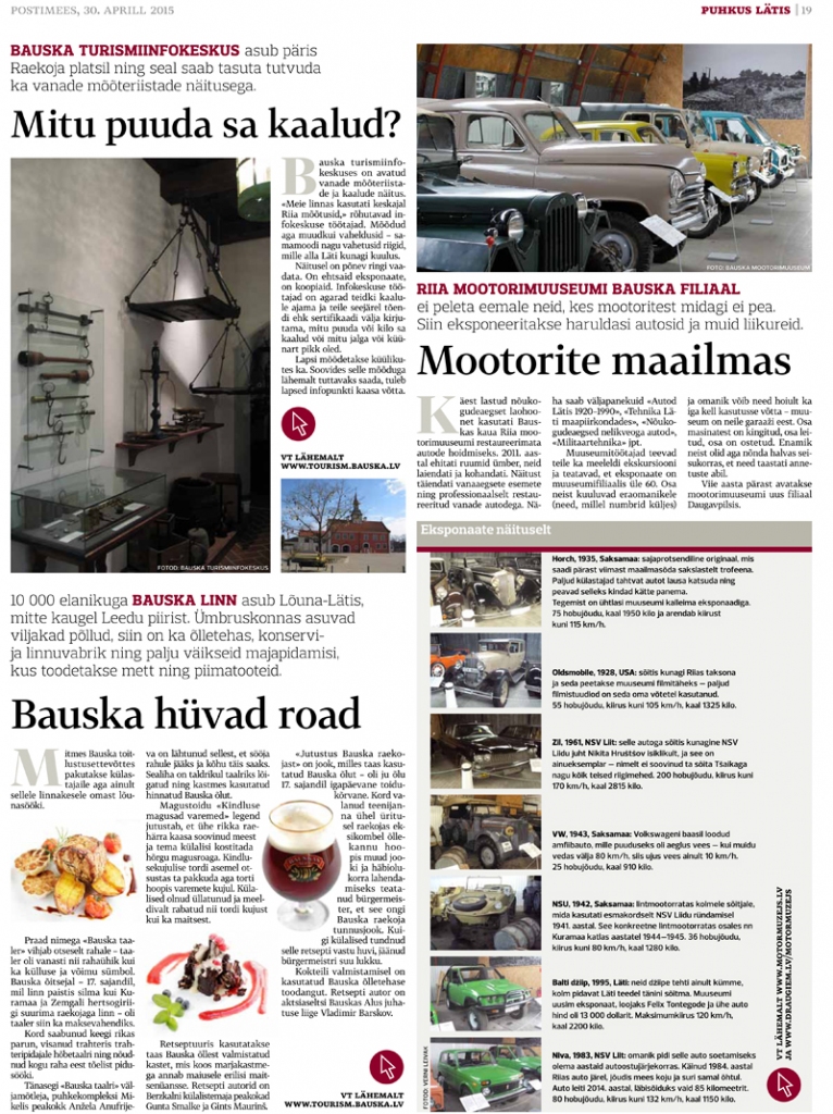 «Postimees» 30. aprīļa numura pielikumā atvērums veltīts Bauskai (attēlā viena no abām lappusēm).