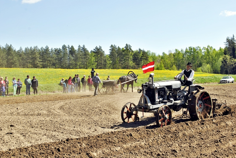 Pavasara darbu demonstrācijā saimnieks Mārtiņš Mediņš pats ar 86 gadus vecu traktoru dzina vagas.
Autors: Māris Krūmiņš