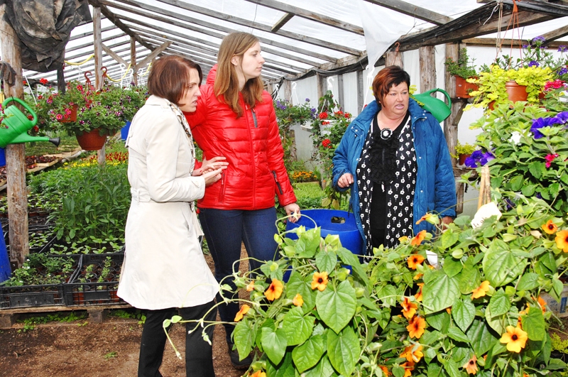 Saimniece Iveta Ļekūne (no labās) šīs sezonas puķu jaunumus izrādīja Latvijas Zemnieku federācijas pārstāvēm Agnesei Haukai un Aigai Kuzmai.
Autors: Ivars Bogdanovs